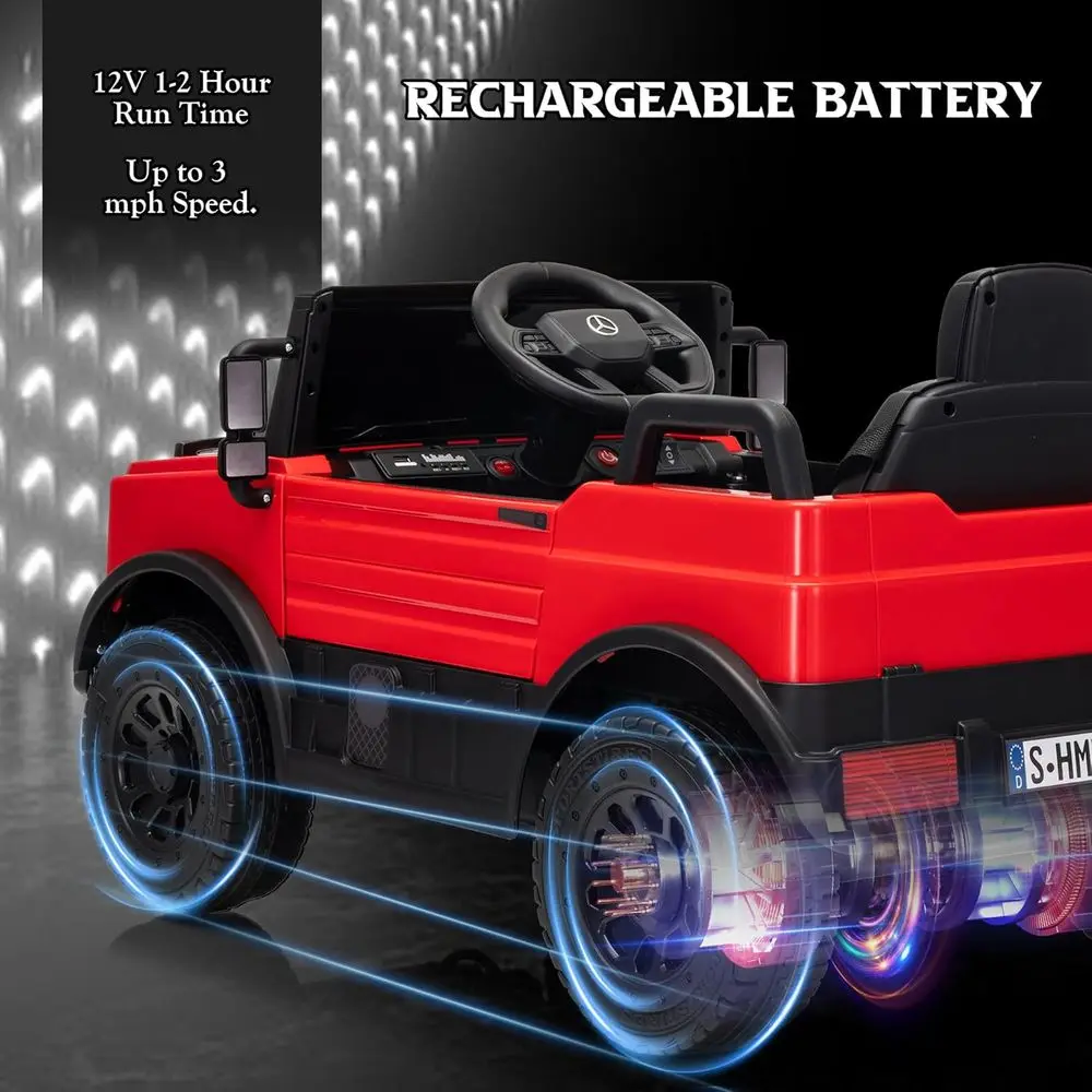 รถยนต์เด็กนั่งขับ 12V พร้อมรีโมทคอนโทรลสำหรับผู้ปกครอง รถยนต์เมอร์เซเดส-เบนซ์ ยูนิมอก ลิขสิทธิ์แท้สำหรับเด็ก ไฟ LED เพลงและแตร สตาร์ทแบบนุ่มนวล