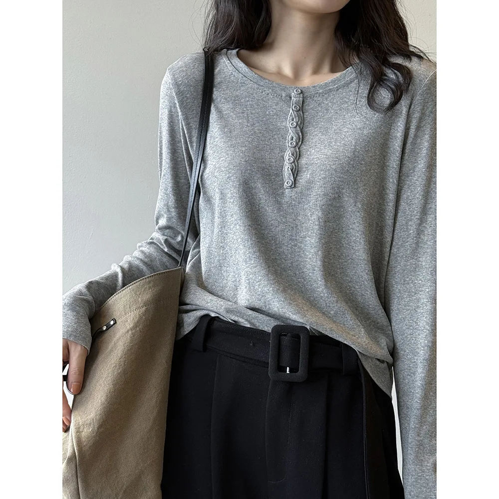 

Футболка с круглым вырезом и длинными рукавами на пуговицах, осенняя свободная повседневная рубашка для похудения, топ