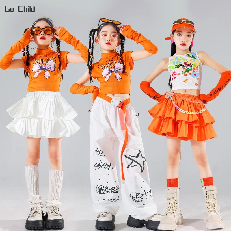 Hip Hop Kids K-pop Crop Top Street Dance Cargo Pants Pleated Skirts Girls Streetwear Child Jazz Costumes Cheerleader Clothes Set