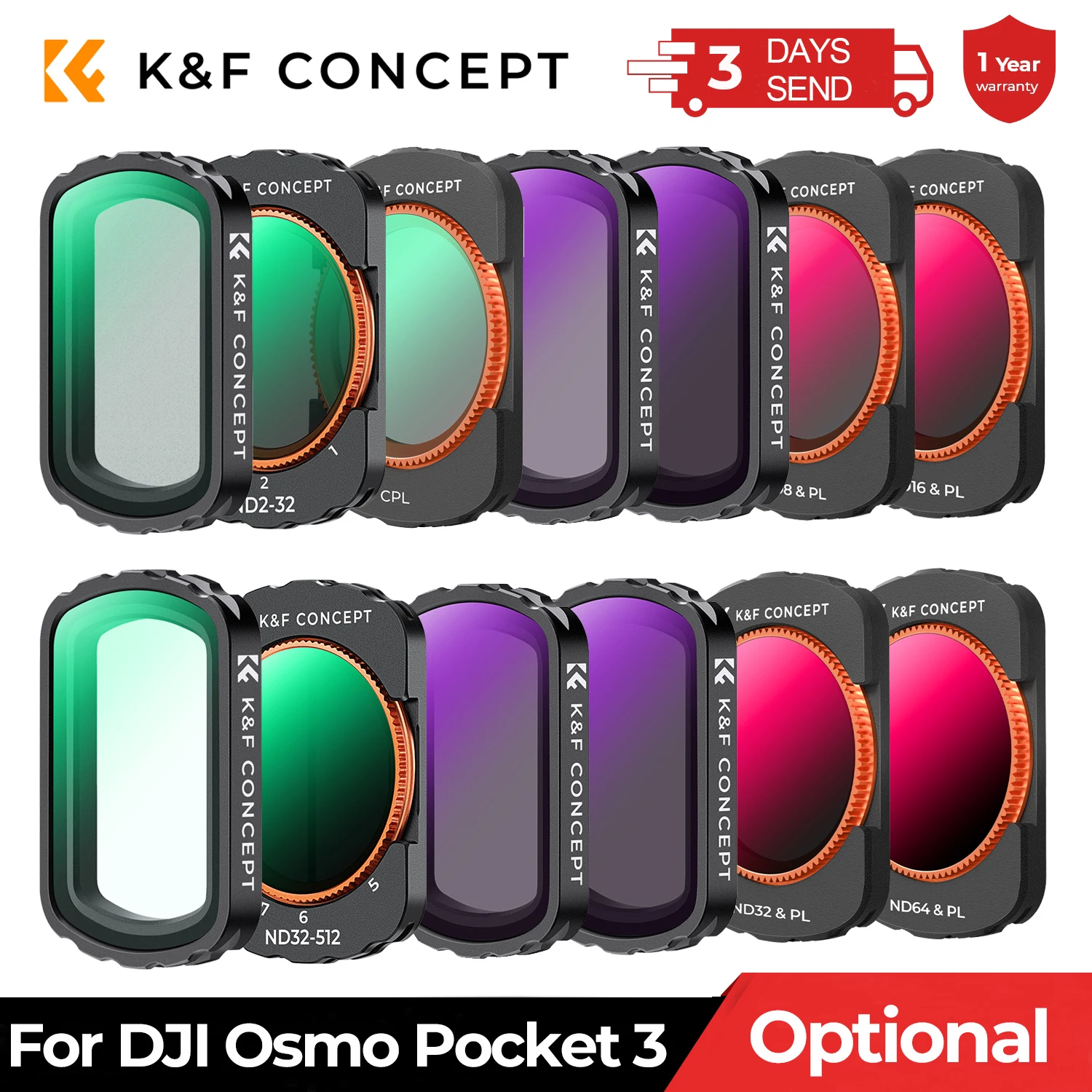 K&F Concept Sports Camera Filter for DJI Osmo Pocket 3 UV CPL ND/PL Black Mist 1/4 Adjustable ND2-32 ND32-512 Optional Filters