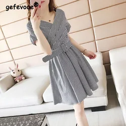 Elegant Fashion Striped Belt Zipper Dresses Spring Summer 2023 New Short Sleeve V-Neck Loose Tunic Midi Dress Women's Clothing