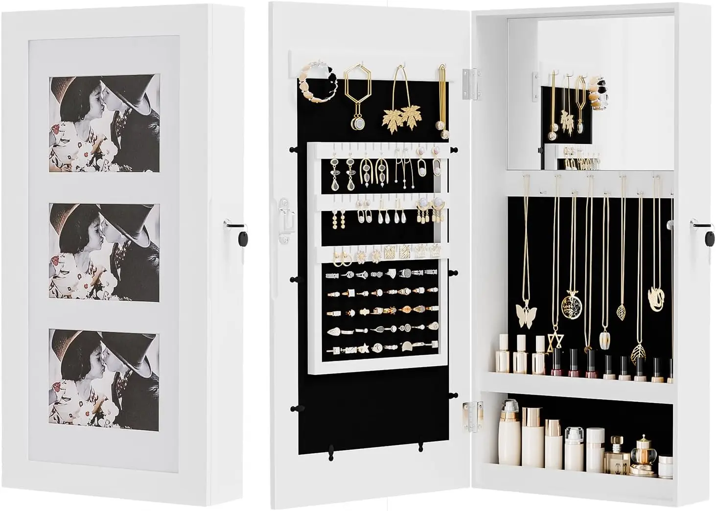 

White Wall Mount Jewelry Cabinet with Photo Frame & Mirror, 24x12x4 Inch Storage Organizer for Women's Bedroom