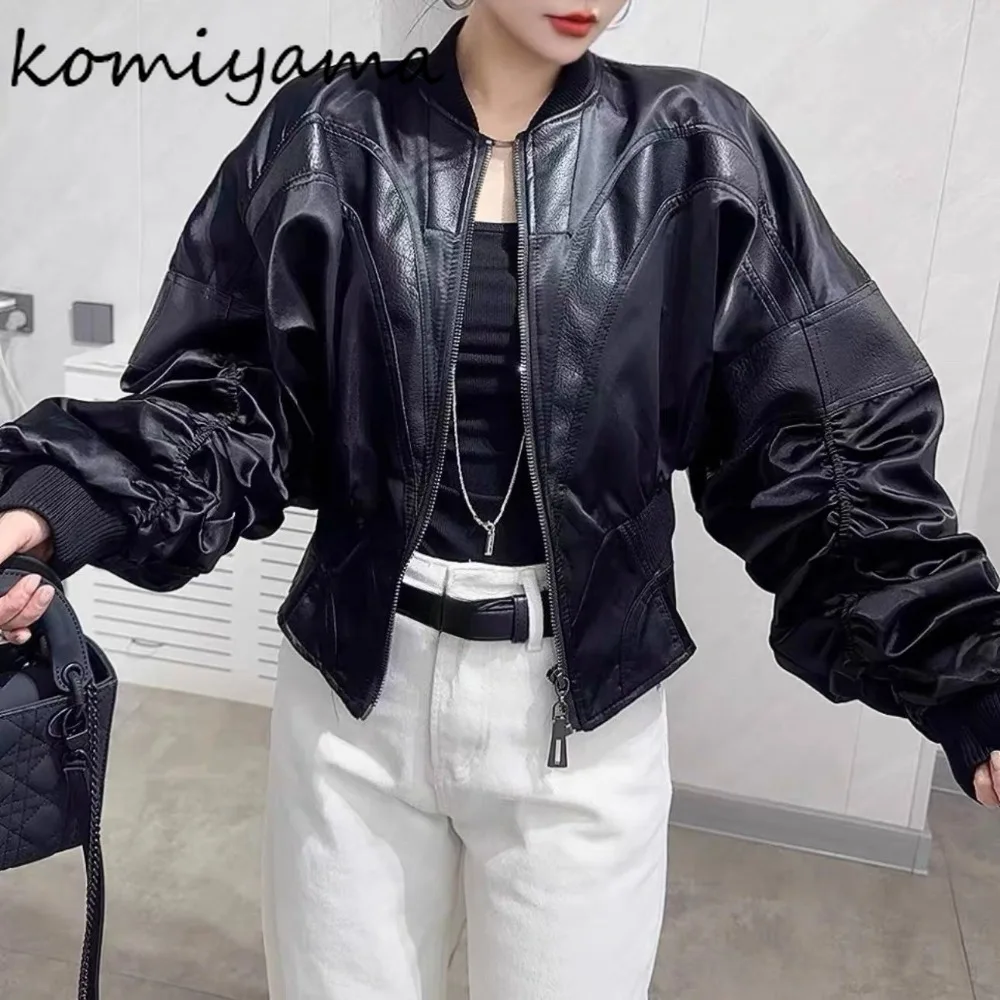 

Sweet Cool Ruched 2025 Chaquetas De Mujer PU Leather Jacket Hot Girls Zip Jackets Trendy Outerwears 2025 New Woman Clothing