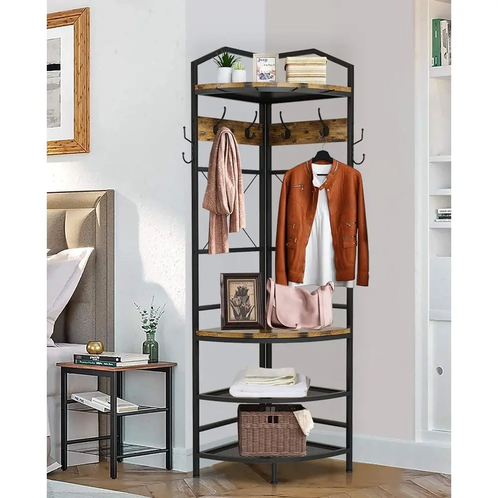 

5-in-1 Entryway Bench with 11 Hooks, 2 Rods, and Grid Panel for Rustic Brown Shoe Storage
