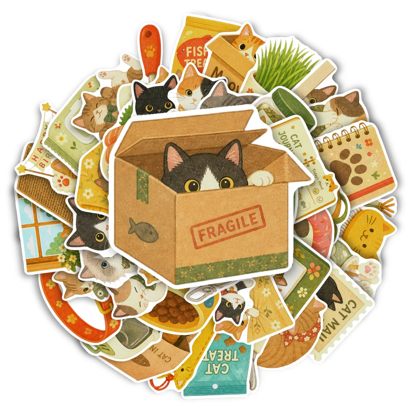 10/30/50Pcs Cute Daily Cat Scene Stickers Lovely Pet Life Decorative Journal Scrapbook Stickers for Diary Laptop Water Bottle