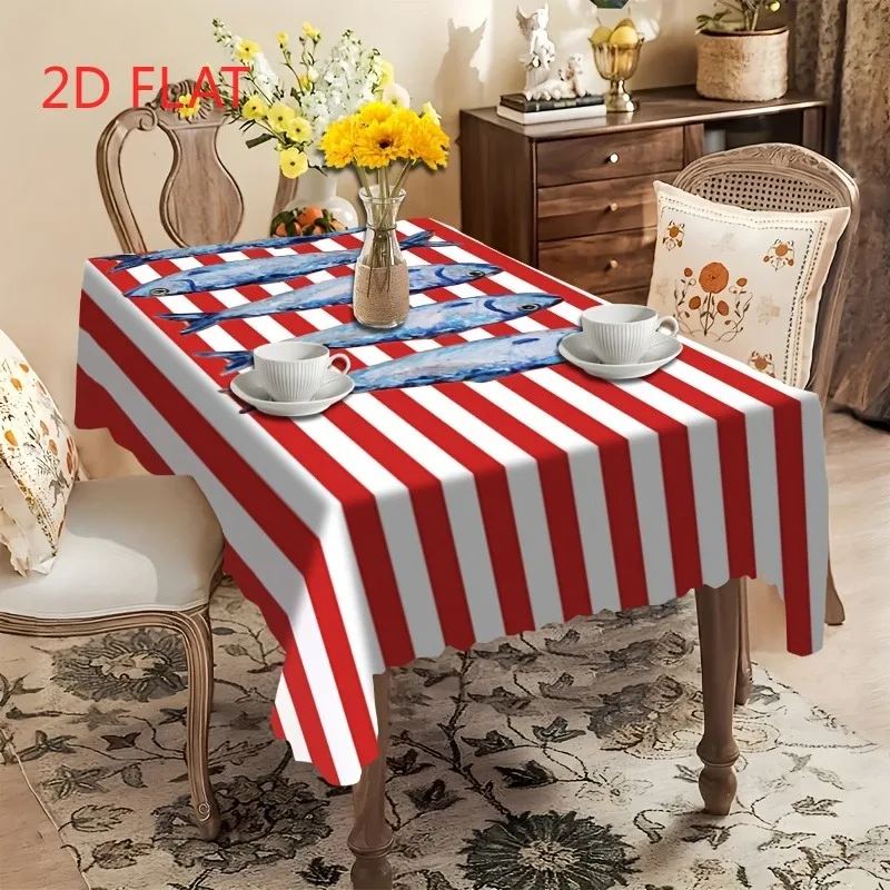 A tablecloth featuring an oil painting of sardines with red and white stripes, exuding a refreshing summer ocean vibe.