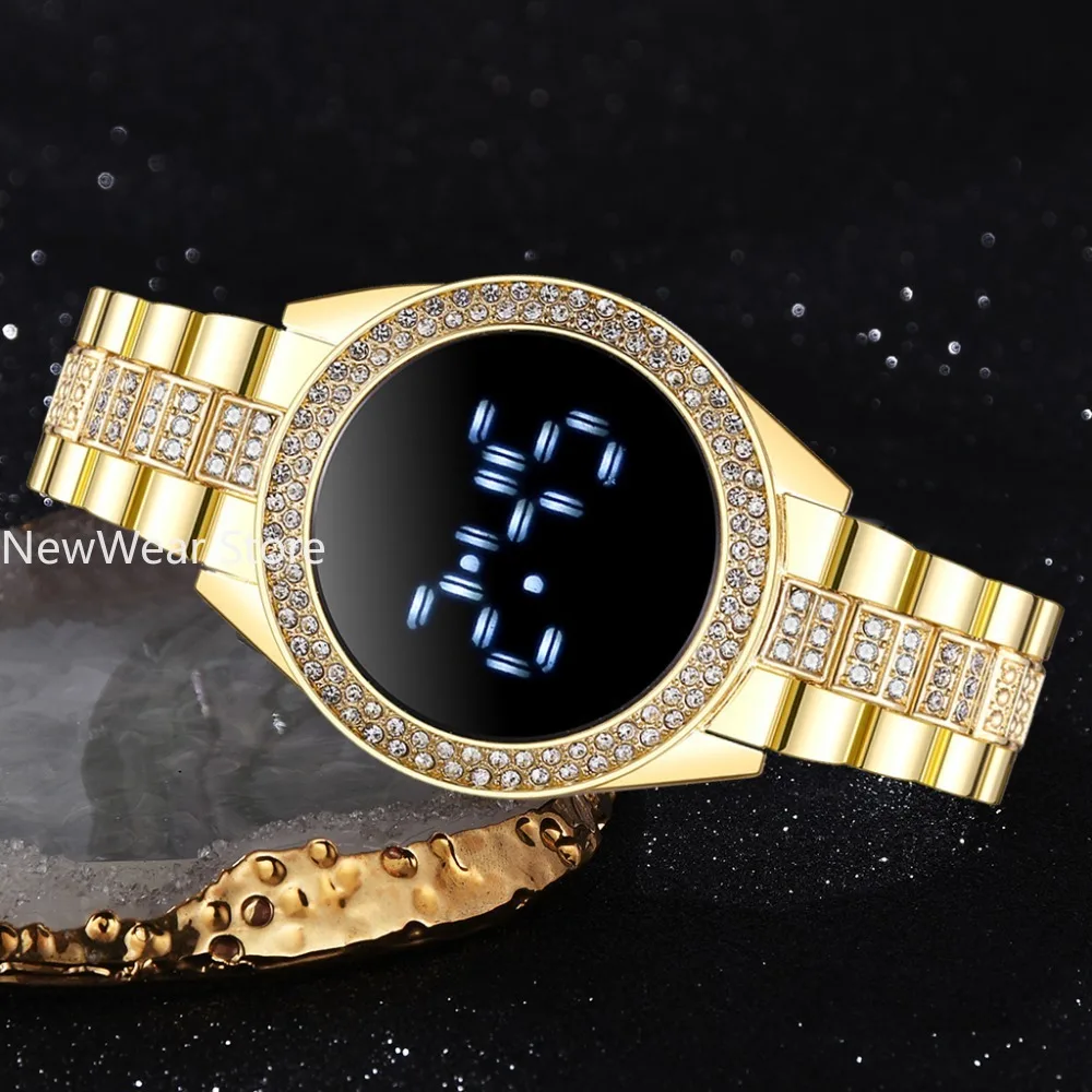 Luxury Rose Gold LED Digital Watches for Women Stainless Steel Diamond-set Dial Magnet Dress LED Quartz Watch Relogio Feminino