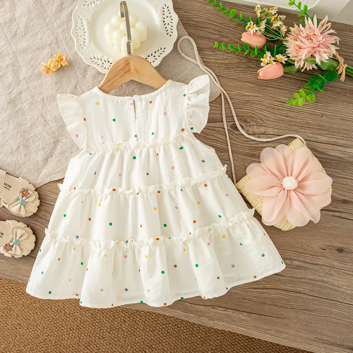 Summer New Baby Girl Dress With Colorful Polka Dot Children'S Clothing And Flower Bag (6 Months -3 Years Old)