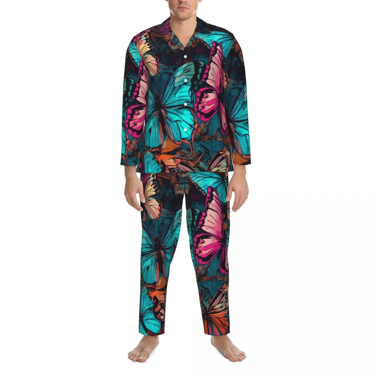 Aquarela borboletas pijamas masculino animal impressão na moda sono pijamas primavera duas peças casual oversize gráfico conjuntos de pijama