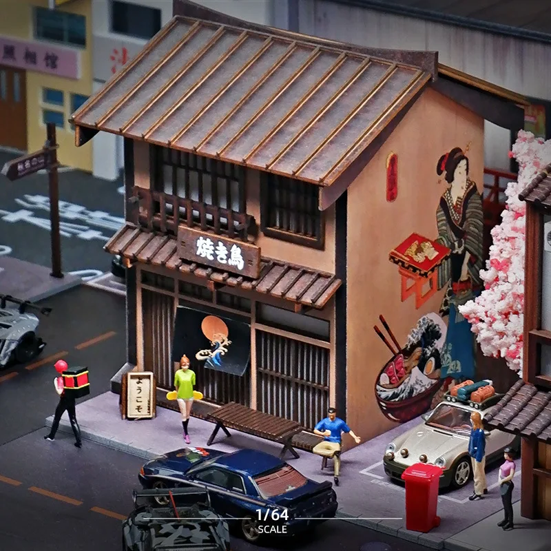 1:64 Miniatur japanischer Grillladen Szene Modell Simulation Street View Requisiten mit Lichtern Micro-Shot Micro-Ornament