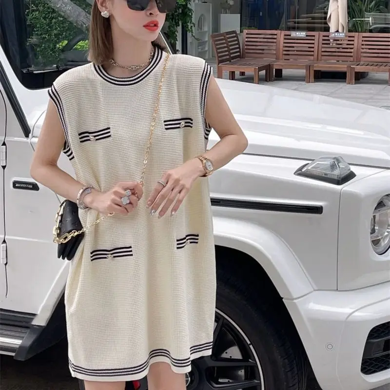 

Fashion O-Neck Spliced Button Striped Sleeveless Dress Female Clothing Summer New Loose Knitted Korean Casual Dresses