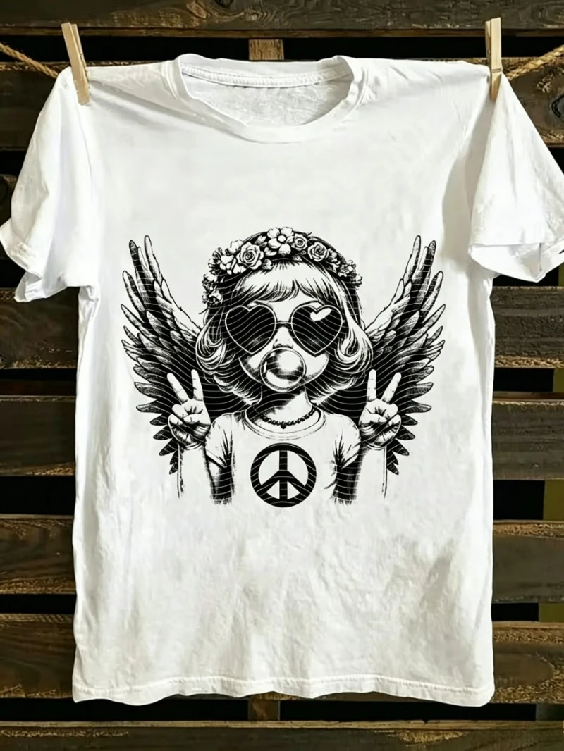 Vintage Punk Angel Wing Print T-shirt Retro Peace Sign Graphic Short Sleeve Tops Men Women Casual Streetwear Daily Wear Tee