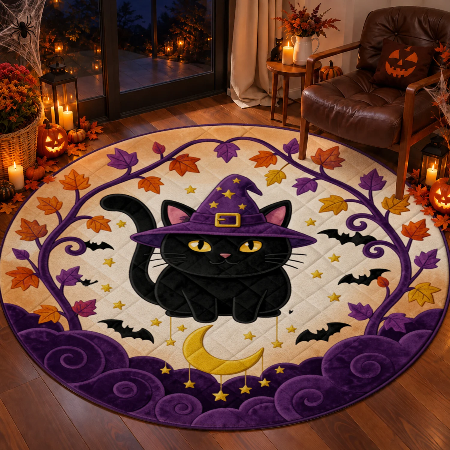 Black Cat Witch Bat Moon Autumn Leaves Design Round Velvet Rug Machine Washable for Living Room Bedroom Entryway Halloween Thanksgiving Christmas New Year Black Friday Cyber Monday