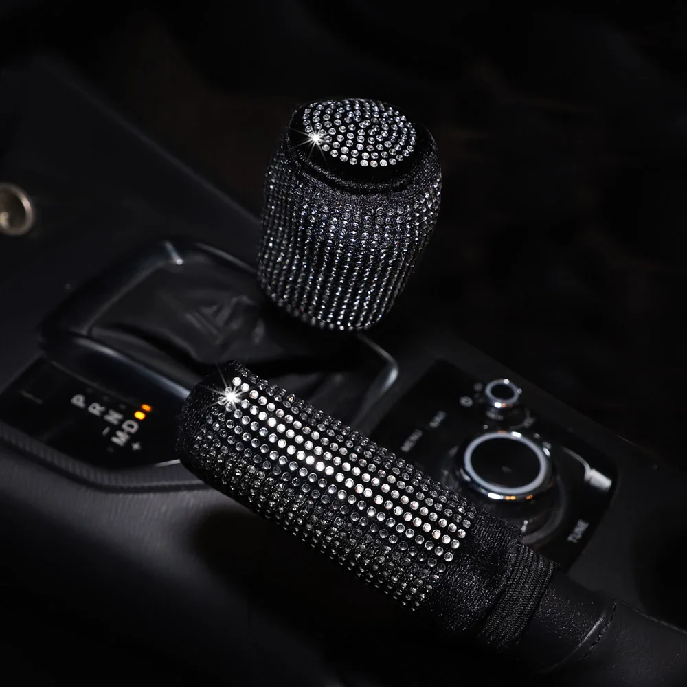 2PCS plush short-haired diamond-encrusted reflective car handbrake lever cover set for car interior accessories for women