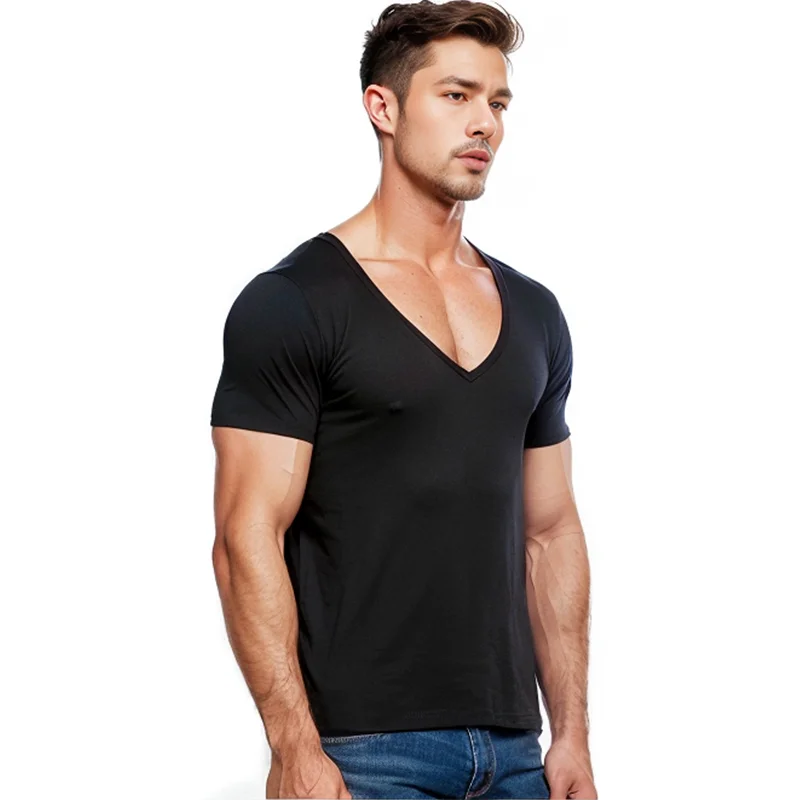 2023 ​European And American Men Summer Deep V Neck Tshirt  ShortSleeved Solid Color Cotton Gym Fitness Sports Running Boxing Top