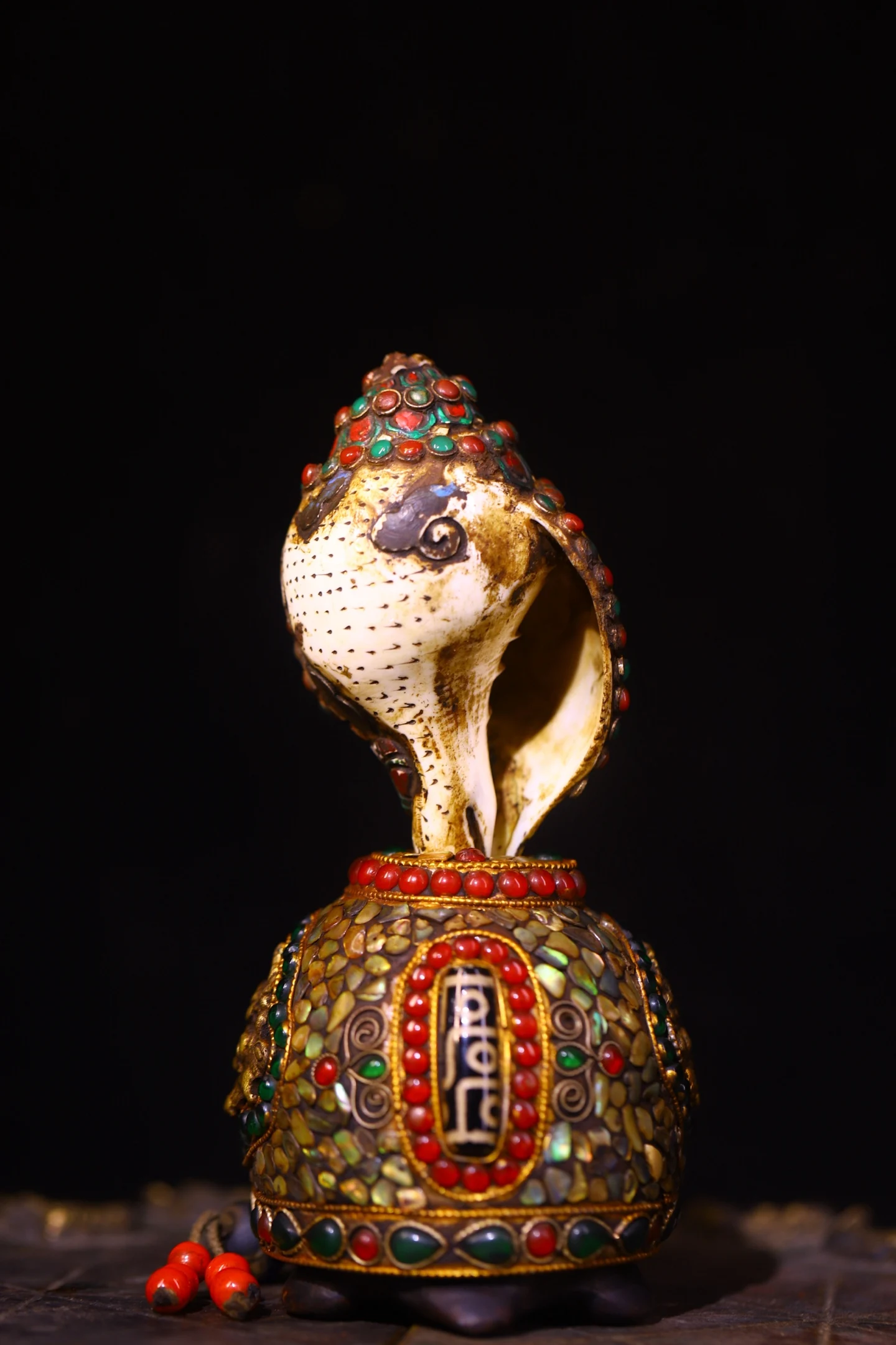 Old Meteorite Painted Mosaic Gem gZi Beads Shell Turtle Statue base Manjusri Bodhisattva Buddha Conch Worship Hall Town house