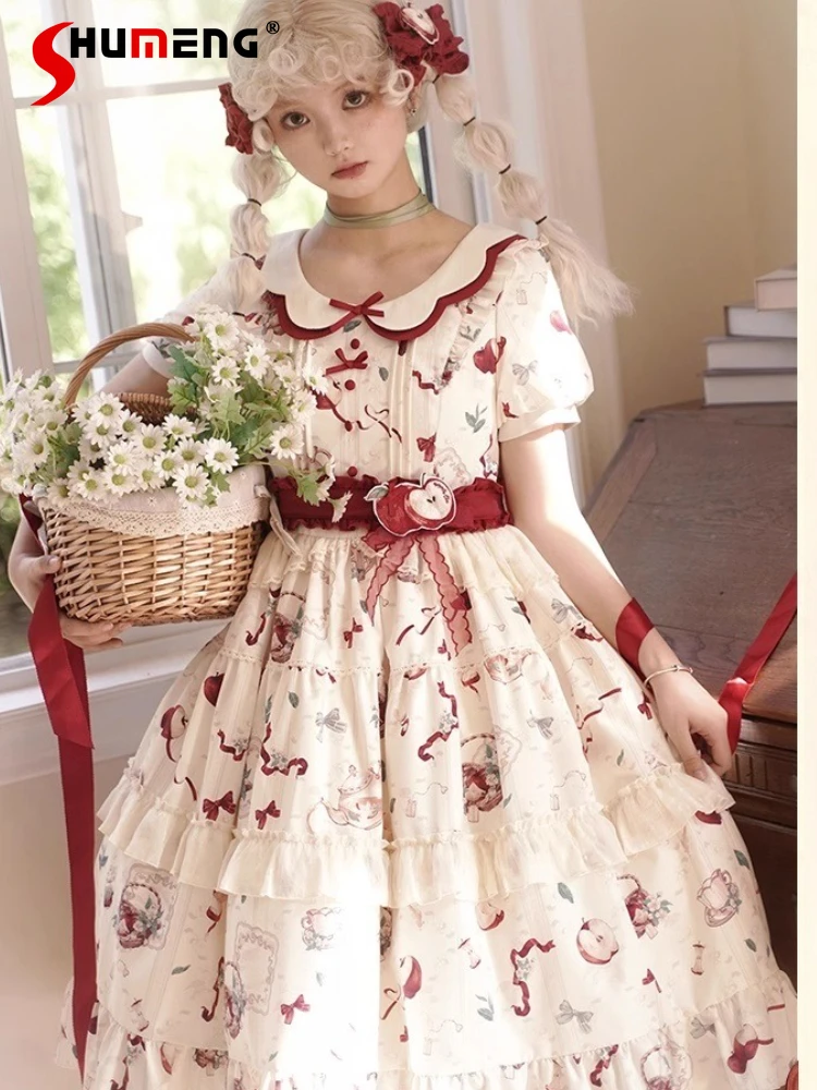 

Japanese Lolita Large Size Dresses OP Summer New Girls' Cute Bow Print Ruffle Short Sleeve Dress Y2k Princess One-Piece Dress
