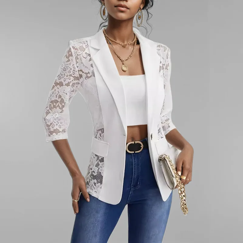 WTHT elegant trendy women's spliced lace design solid color blazer 2025 spring fashion lapel short sleeves jacket female 1LS682