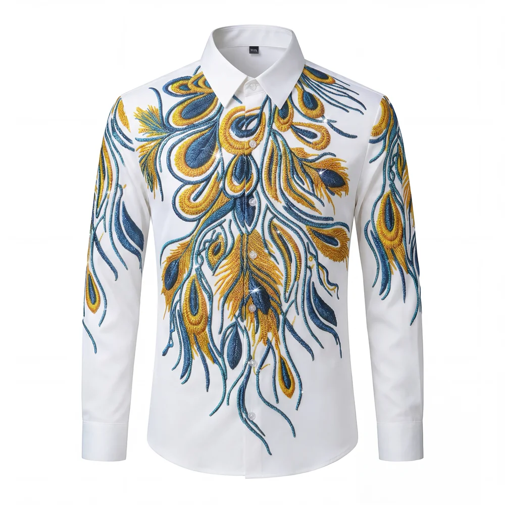 Heavy Embroidery Rhinestone Shirt Men Long Sleeve Casual Shirts Slim Fit Business Social Shirts Party Banquet Streetwear M-5XL