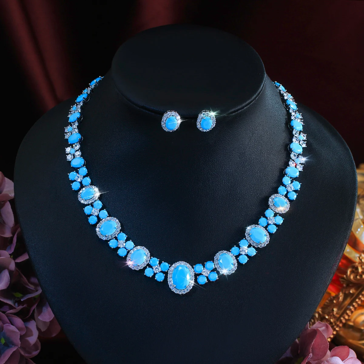 

CWWZircons Luxury African Dubai Fancy Oval Blue Turquoise Necklace 2Pcs Sets for Women CZ Engagement Wedding Jewelry Gifts T1021