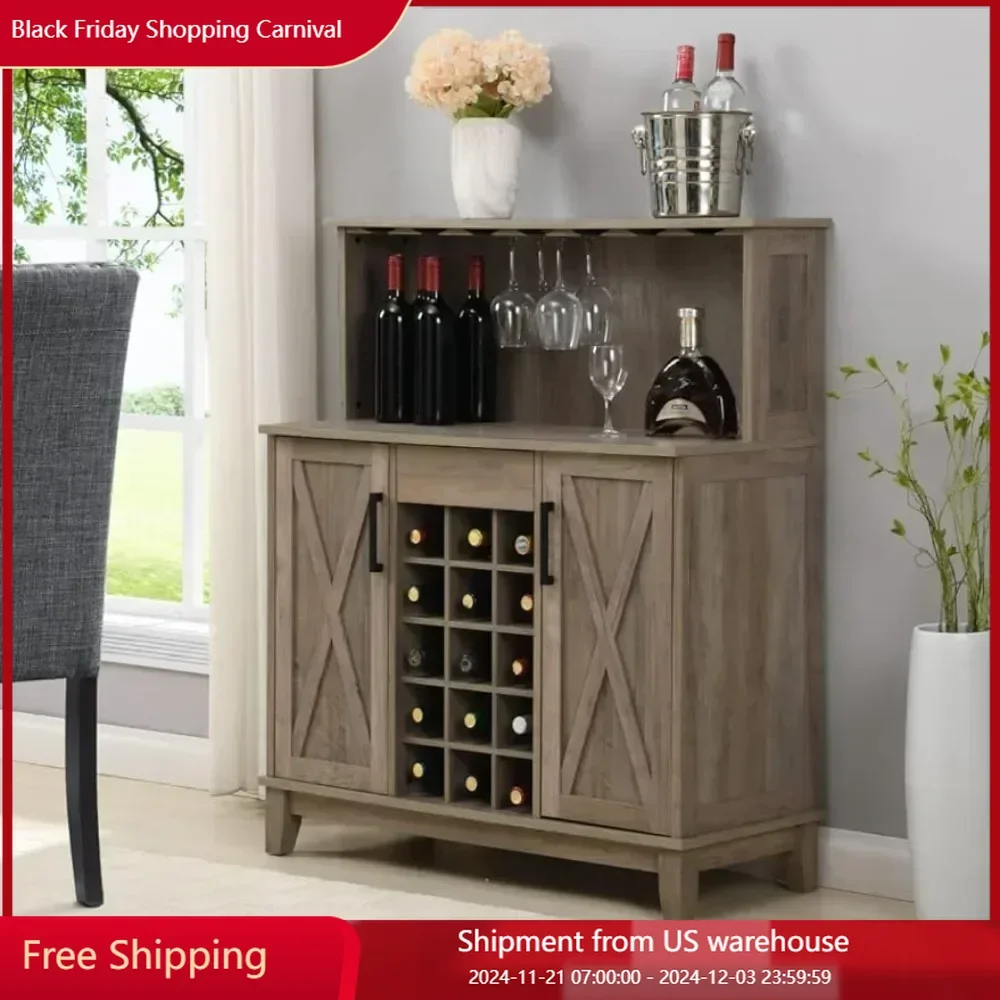 Mueble de bar para el hogar con botellero y puertas de vidrio, muebles para estantes para frigorífico, botellero incorporado, color gris lavado, macizo, mueble de bar