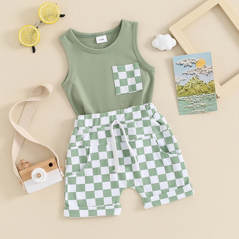 

Toddler Baby Boy Girl Summer Clothes Checkerboard Plaid Short Sleeve T-Shirt Shorts Set 2Pcs Checkered Outfit