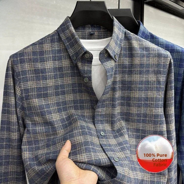 

Pure Cotton Men's Casual Long Sve irt Spring Autumn Plaid Workwear Breathable Stand Fit Busin irt Chinese Brand