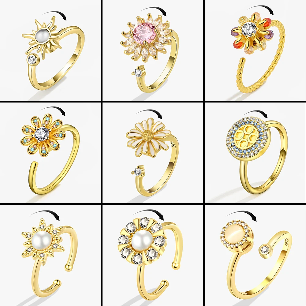 Rotating Anxiety Fidget Rings For Women Sunflower Crystal Anxiety Relief Spinning Anti Stress Ring Korean Jewelry Bague Femme