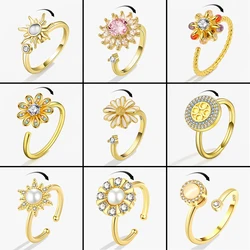 Rotating Anxiety Fidget Rings For Women Sunflower Crystal Anxiety Relief Spinning Anti Stress Ring Korean Jewelry Bague Femme