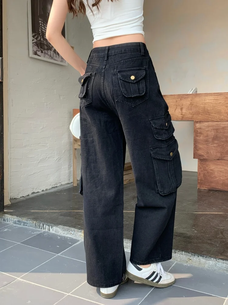 2026 Cyber Y2K Streetwear Multi Pockets Black Baggy Women's Cargo Jeans Pants For Woman Clothing Straight Cotton Long Trousers