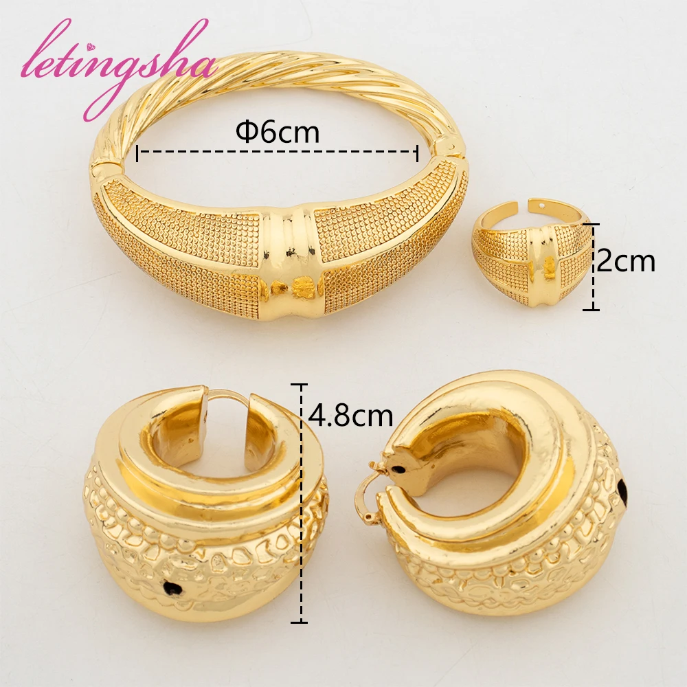 Fashion Round Bangle with Ring Dubai Hoop Earrings for Women African Gold Color Jewelry  Set Wedding Party Gift Accessories