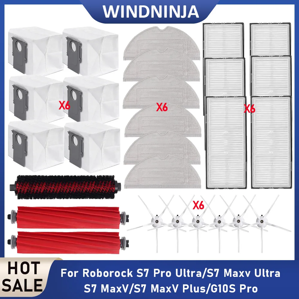 Hauptbürste, Seitenbürste, Wischtuch, HEPA-Filter, Staubbeutel Ersatz für Roborock S7 Pro Ultra/S7 MaxV Ultra/S7 MaxV Pro Roboterstaubsauger