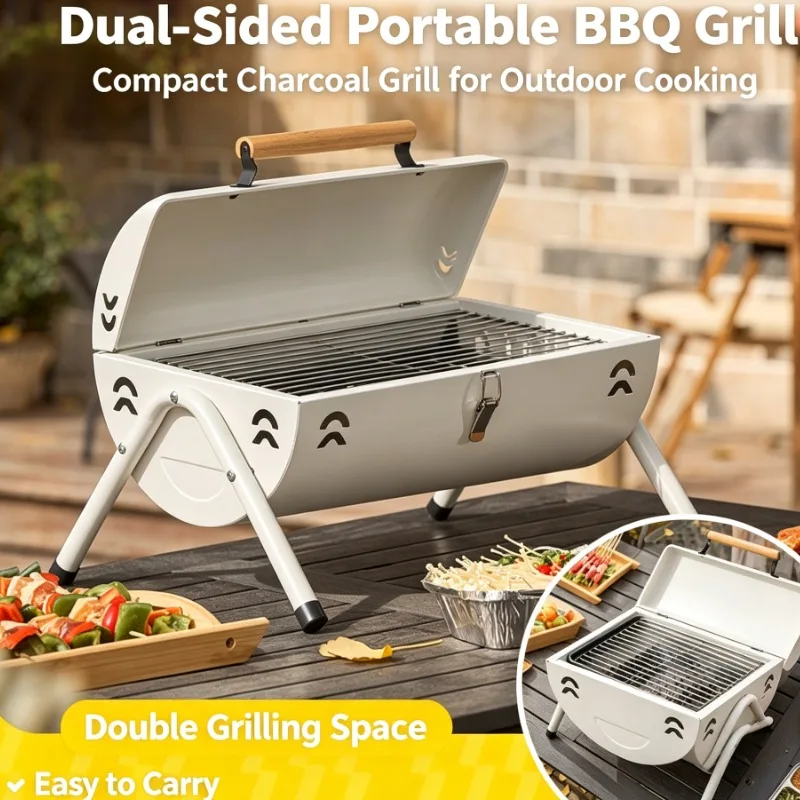 Portable Barrel Charcoal BBQ Grill with Double Sided Cooking Grates and Wooden Handle for Outdoor Camping Picnic Garden Party