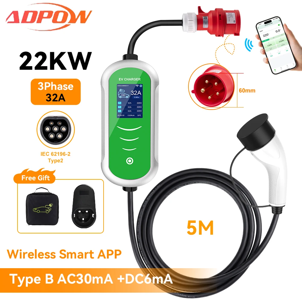 

ADPOW 32A Type2 EV Chargers 3Phase 22KW 5M Cable Adjustable Current EVSE WIFI APP Control Charging Accessories for EV Cars