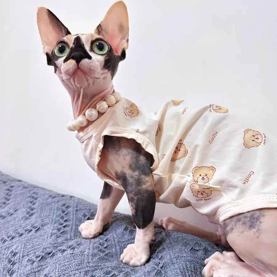 Sphynx Cat Summer Cotton Vest Strawberry T-Shirt for Devon Rex Soft Cartoon Bear Jumpsuit for Kittens Clothes Cat Product