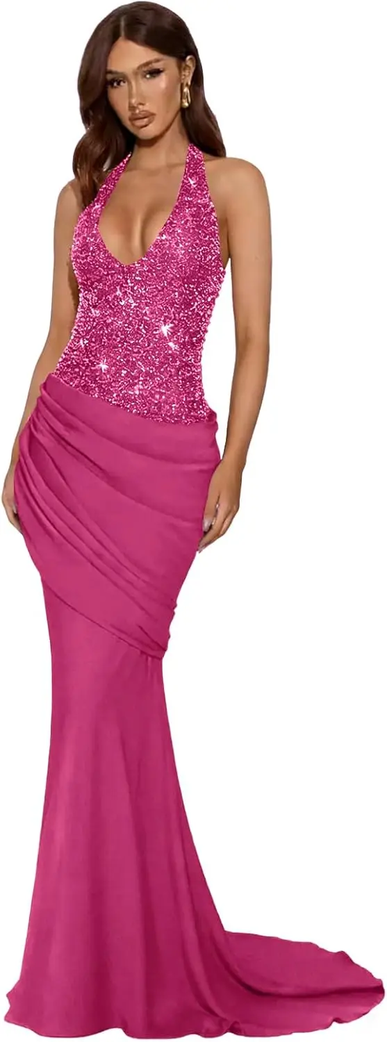 Women's Sparkly Mermaid Prom Dresses Halter V Neck Formal Evening Gowns for Women Sequin Wedding Guest Dresses