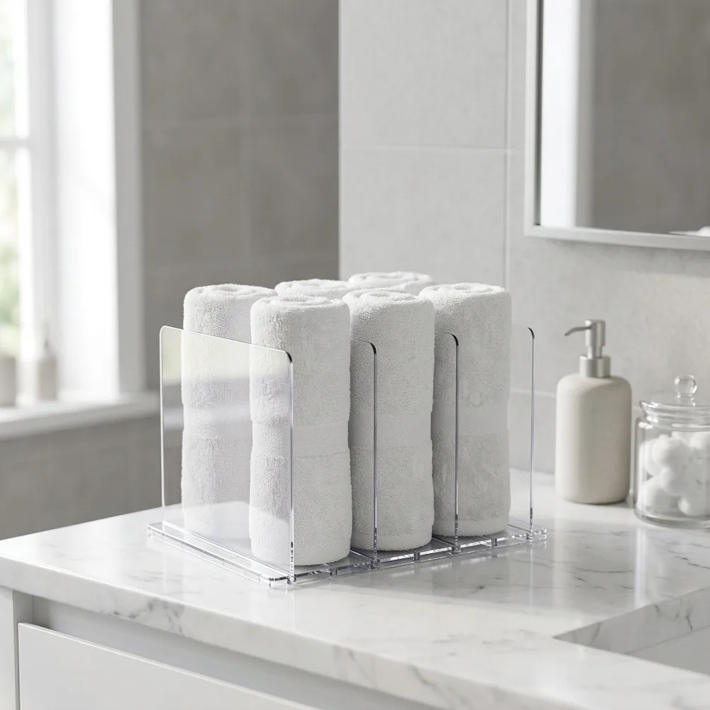 Vertical Towel Divider PET Material 4 Interlocking Slots for Rolled Towels Transparent Design 31.5x23.9x20cm Easy Install