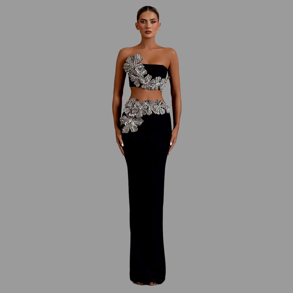 Fashion 2-Piece Sets Sexy 3D Shiny Diamonds Flower Strapless Top Long Skirt Women Bodycon Clothing Elegant Party Bandage Sets