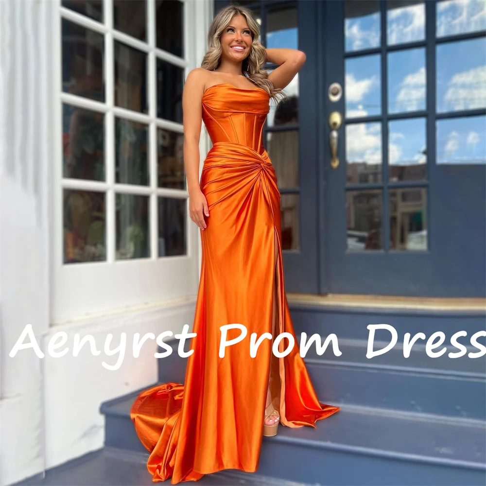 Aenyrst Orange Strapless Corset Mermaid Prom Dresses Women Satin Split Pleated Evening Gowns Floor Length customized Party Dress