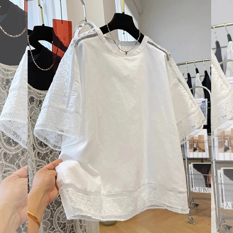 Summer 2025 Loose Floral Hollow out Short Sleeve T-Shirt Women's Fashion Top Versatile Design Korean Style Cotton Polyester B...