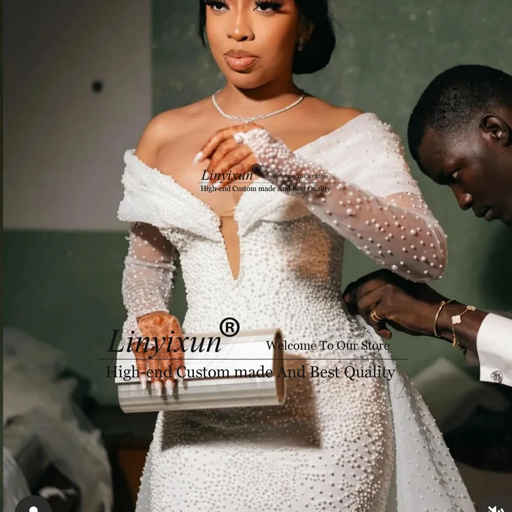 คลาสสิกลูกปัดชุดแต่งงานลูกไม้ 2025 ไข่มุกที่ถอดออกได้รถไฟ Mermaid ชุดเจ้าสาวที่กําหนดเองปิดไหล่ FBسات