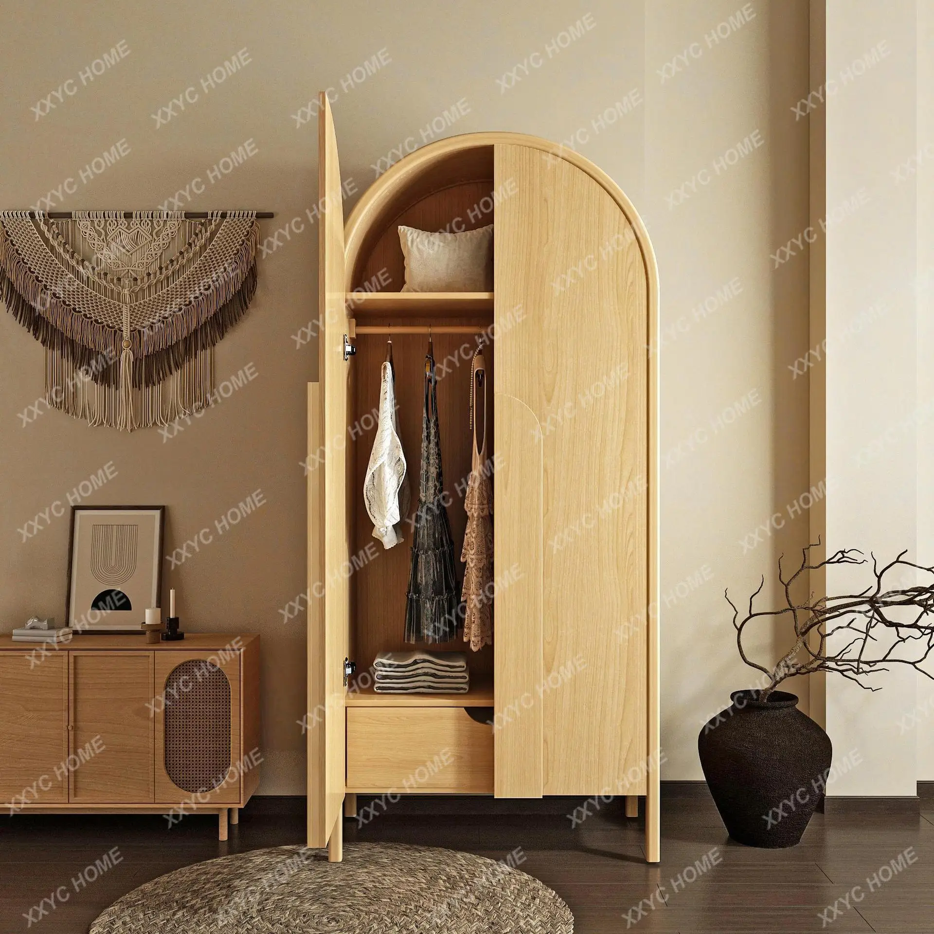 Simple solid wood double-door wardrobe, natural wood color storage cabinet, solid wood children's arched wardrobe