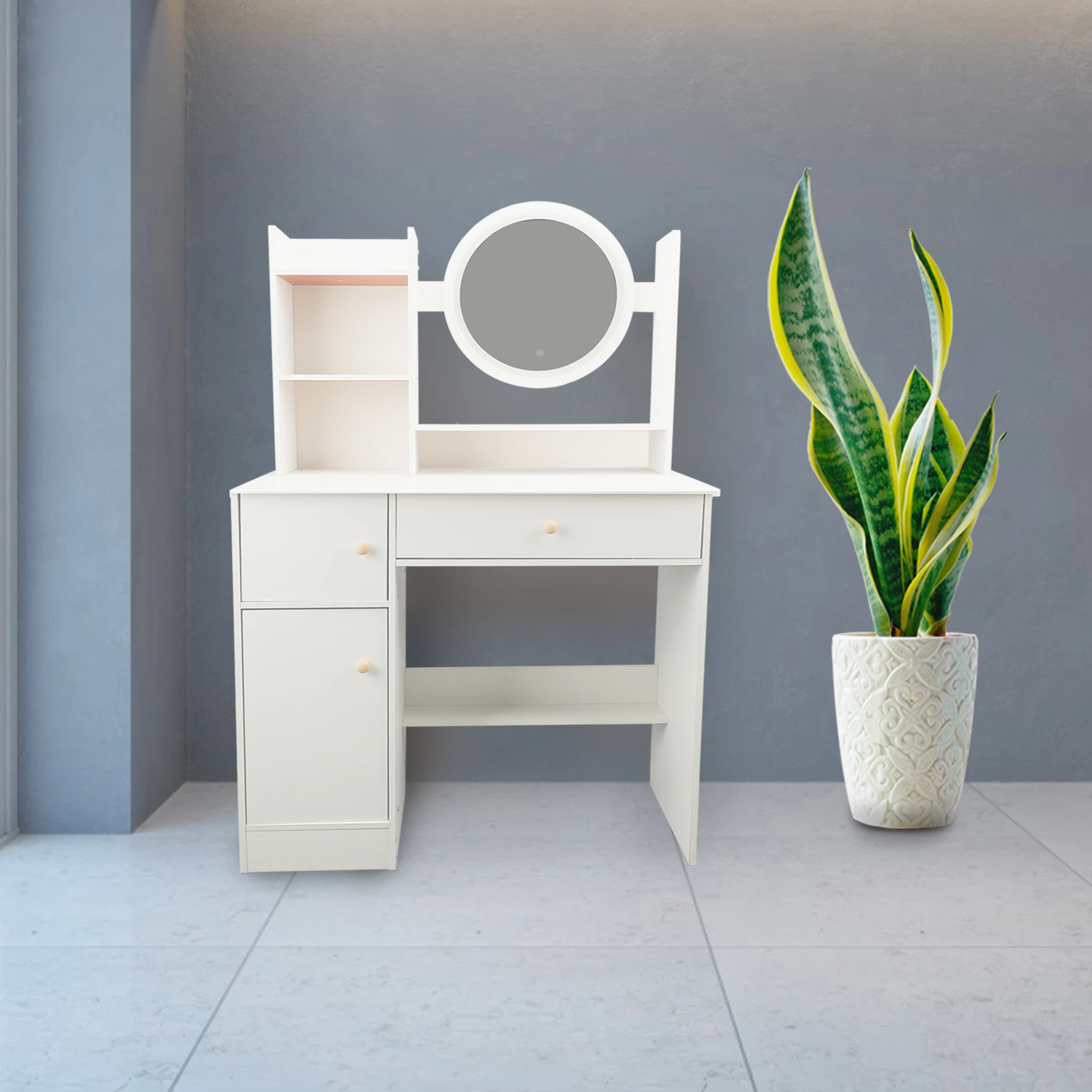 Makeup Table White Practical Multiple Shelves Makeup Vanity Desk Multifunction 2 Drawers Stable with Mirror and Lights for Home image 3