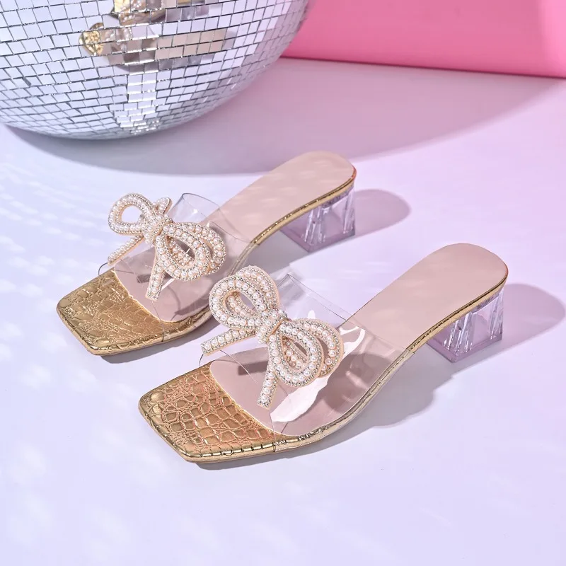 Water Droplet Bow Transparent Slip-on Women's Thick Heel Crystal Sole Slippers