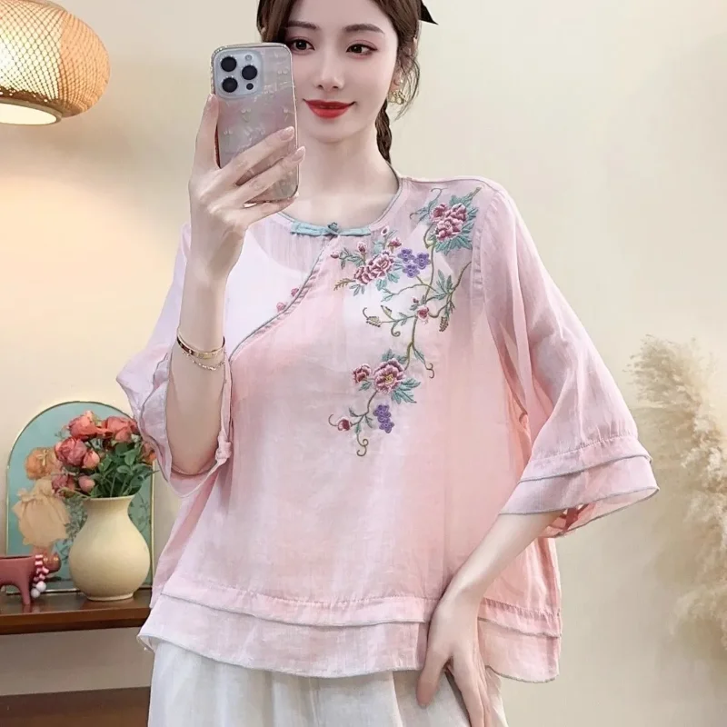 

Women's Chinese Style Floral Embroidery Linen Blouse Loose Fit 3/4 Sleeve Casual Top