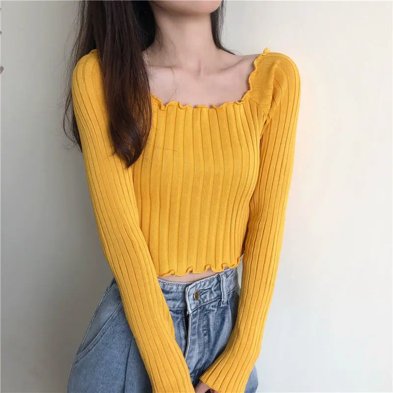 Fashion Solid Color Exposed Umbilicus Knitting Top Women New Long Sleeve Square Collar Flower Edge Temperament Pullover Sweaters