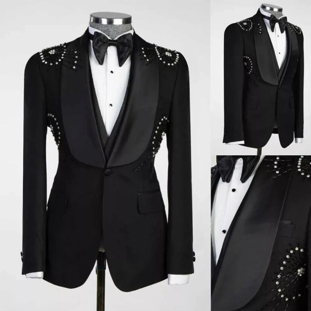 Luxury Crystals Beading Groom Wear Wedding Tuxedos Formal Party Suits Men Slim Fit  3 Pieces (Jacket Vest Pants) terno masculino