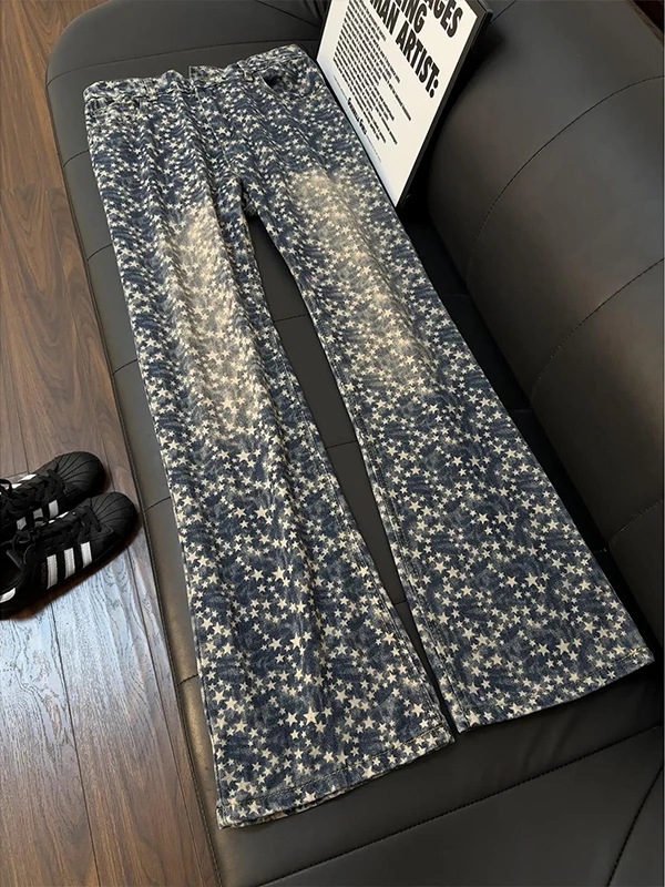 

Ретро-джинсы с вышивкой синих звезд, в американском уличном стиле, расклешенные брюки, мужские прямые джинсы с эффектом потертости