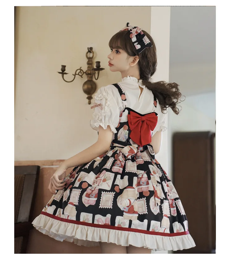 الأصلي اليابانية الحلو لطيف JSK فستان القوس الكرتون المطبوعة عالية الخصر ألف خط تنوعا Kawaii لوليتا الحمالات فستان قصير المرأة