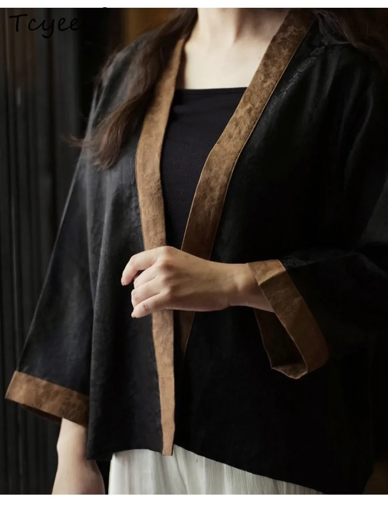 Tcyeek 100% Real Mulberry Silk Woman Tops 2026 Spring High-quality Chinese-style Elegant Black Coat Woman Clothing Ropa De Mujer